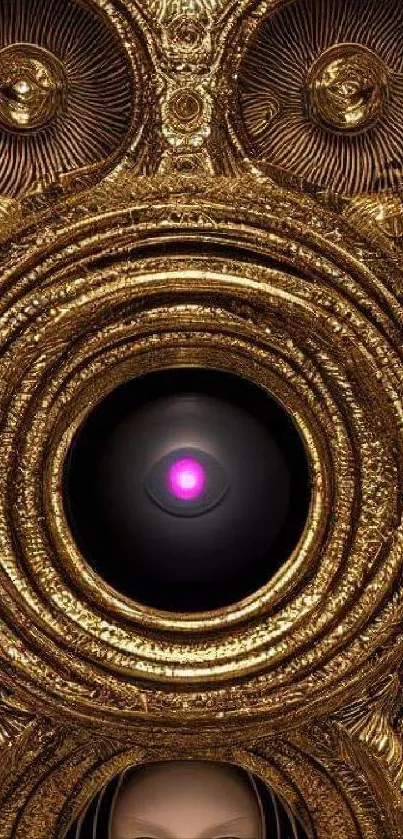 Futuristic gold eye design with circular patterns for mobile wallpaper.