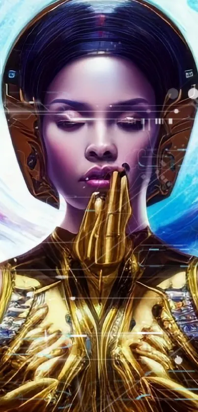 Futuristic figure in gold meditation against a vibrant cosmic backdrop.