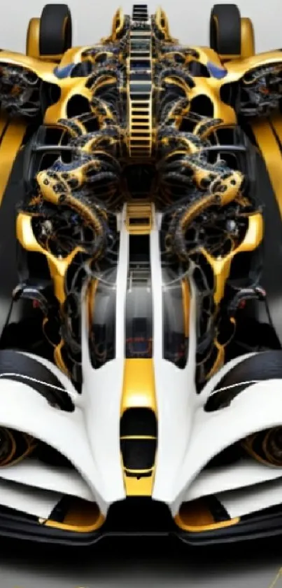 Futuristic race car with gold accents design art wallpaper.