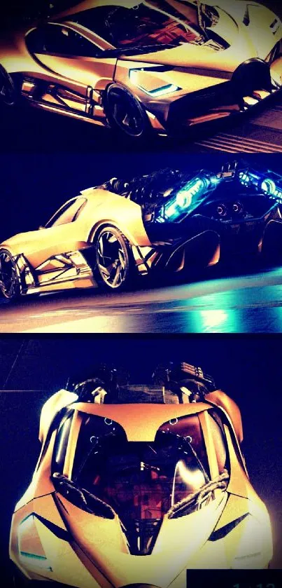 Futuristic gold sports car with glowing blue accents and sleek design.