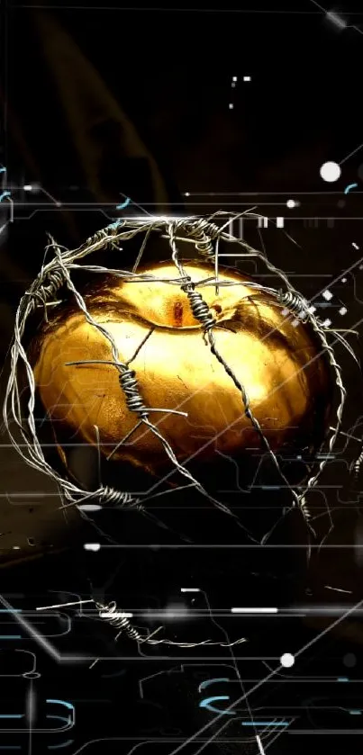 Futuristic golden apple with barbed wire and tech theme.