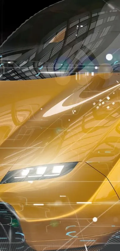 Futuristic golden car with sleek design and glossy reflections in wallpaper.