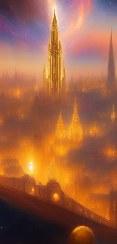 Futuristic golden cityscape with spires under cosmic glow.