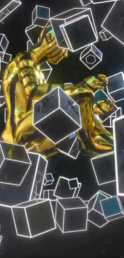 Golden cyborg enveloped by transparent floating cubes on a dark background.