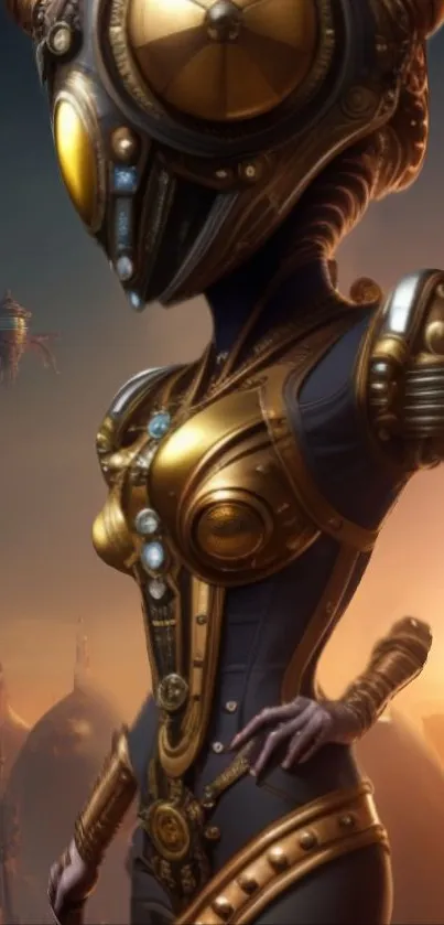 Futuristic cyborg with gold armor set in a sci-fi cityscape background.