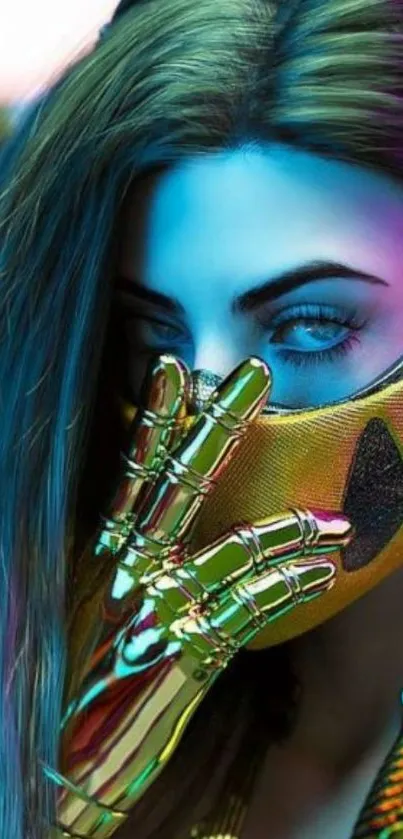 Futuristic woman with golden mask and electric blue tones.