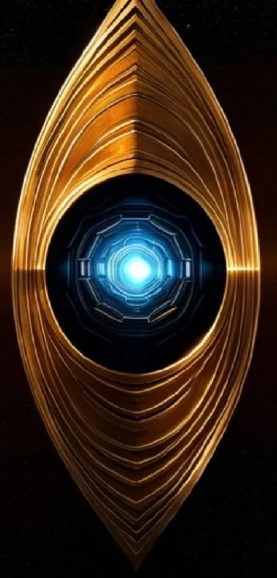 Futuristic golden portal with blue light center, perfect for mobile wallpaper.