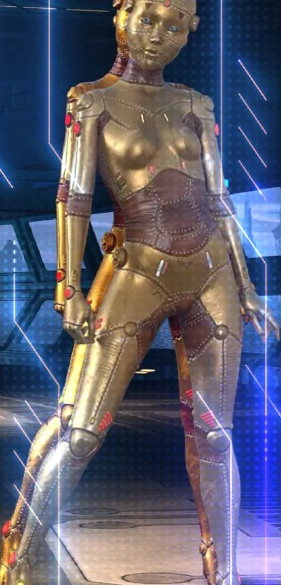 Futuristic golden robot in a tech setting wallpaper.