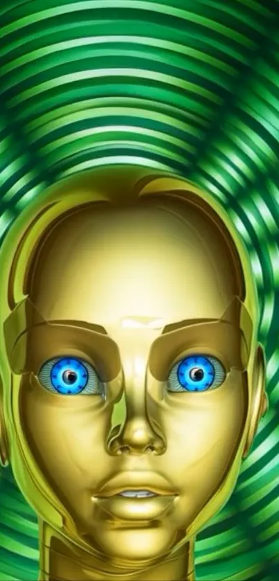 Futuristic golden robot with blue eyes against green background.