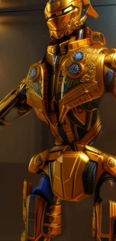 Futuristic golden robot with intricate details and shiny armor.