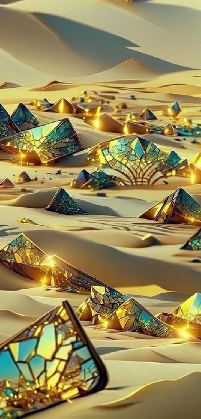 Golden futuristic landscape with crystal pyramids on sand dunes.