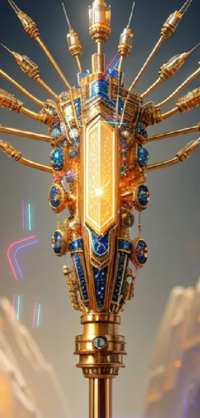 Futuristic golden scepter with blue accents on dark background.