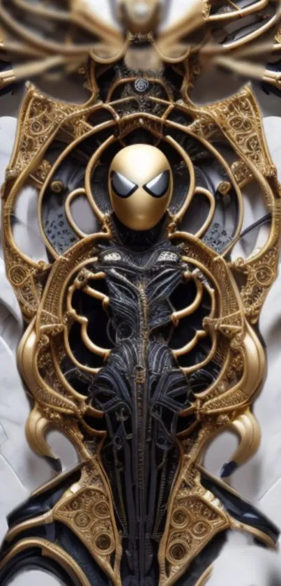 Futuristic golden spider design mobile wallpaper with intricate details.