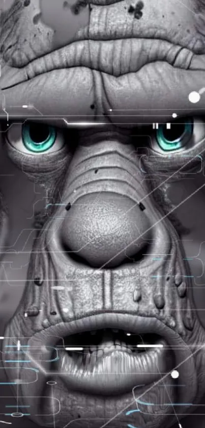 Futuristic gorilla face with cybernetic elements and turquoise blue eyes.