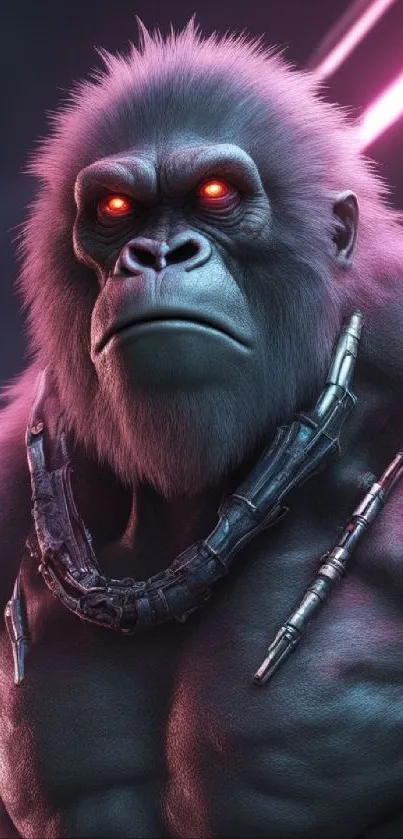 Futuristic gorilla with neon colors and glowing eyes in a cyberpunk style.