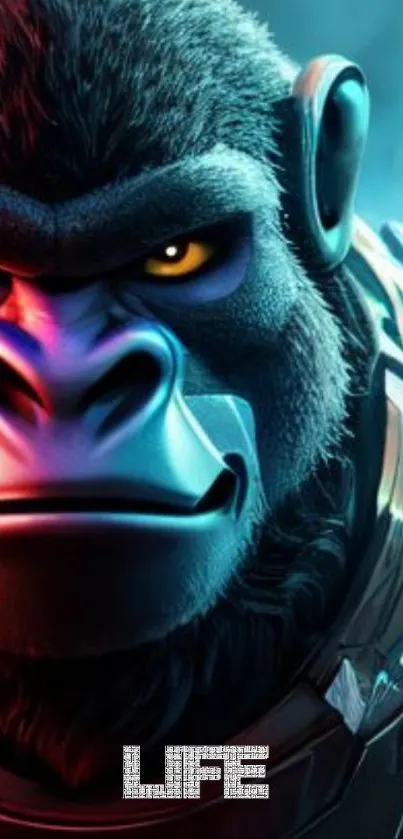 Futuristic cyber-gorilla with intense gaze and glowing colors.