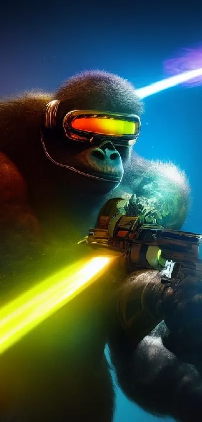 Futuristic gorilla with neon effects and sci-fi elements in dynamic pose.