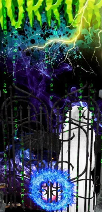 Futuristic horror wallpaper with gothic gate and neon elements.