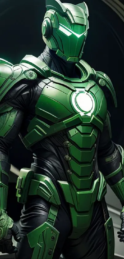 Futuristic green armored warrior in a tech-inspired mobile wallpaper.