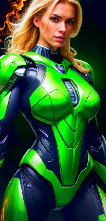 Futuristic green armored character with glowing energy.