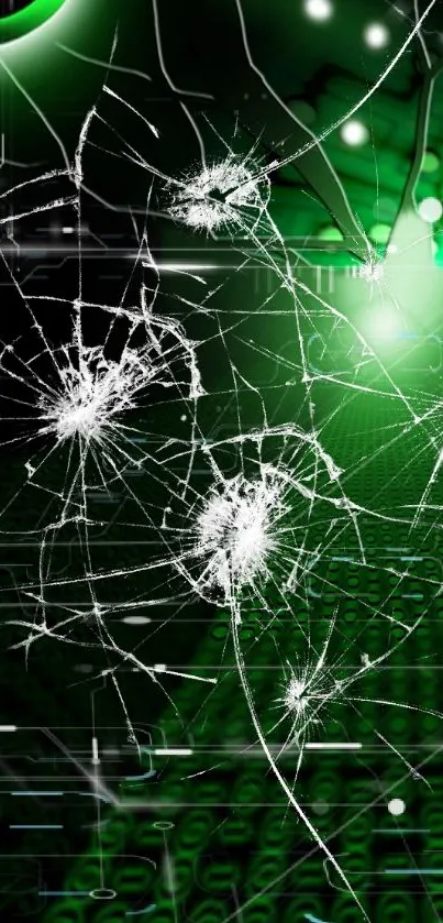 Futuristic green digital wallpaper with shattered glass effect.