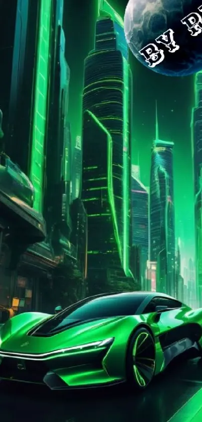 Futuristic green car in neon cityscape background.