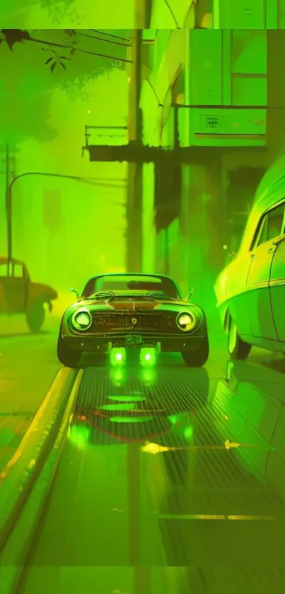 Futuristic green car in a neon cityscape.