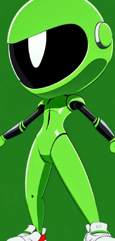 Futuristic green character with helmet on a vibrant wallpaper.