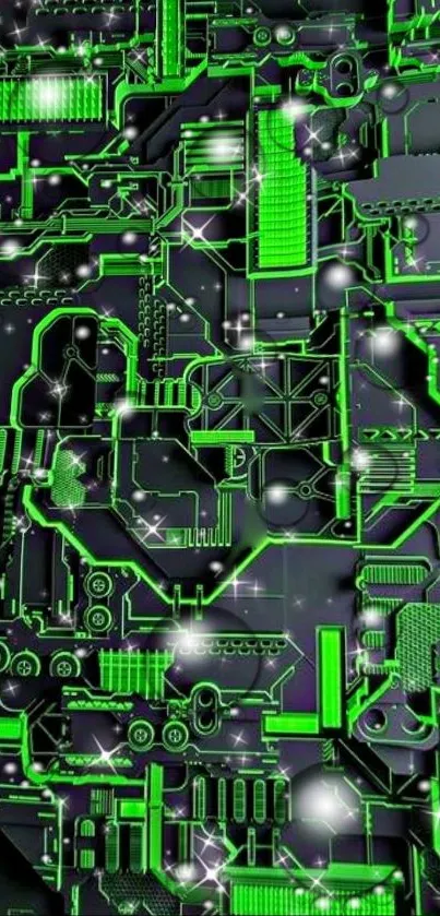 Neon green circuit board wallpaper with a futuristic design.