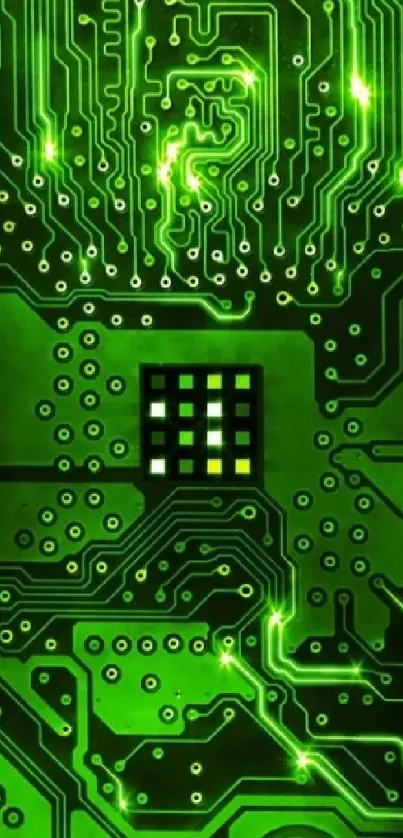 Futuristic green circuit board wallpaper with glowing lines.