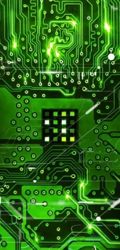 Futuristic green circuit board with glowing pathways.