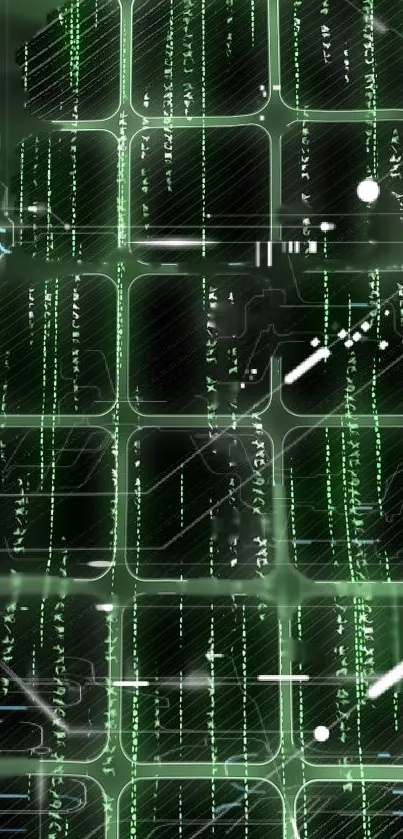 Futuristic green circuit board with glowing geometric patterns.