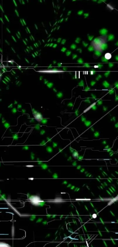 Futuristic circuit design with green lights on a black background.