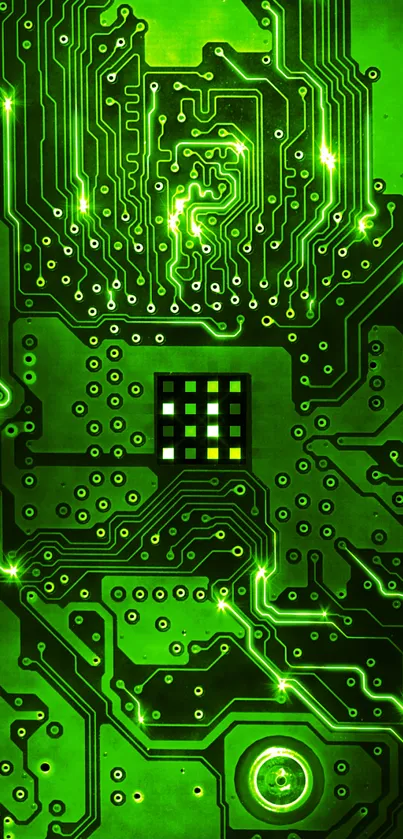 Vibrant green circuit board wallpaper for mobile.