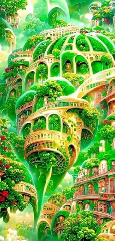 Futuristic cityscape with green domes and lush vegetation.