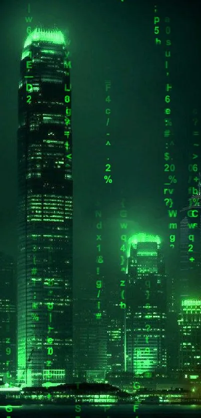Futuristic cityscape with neon green skyscrapers at night.