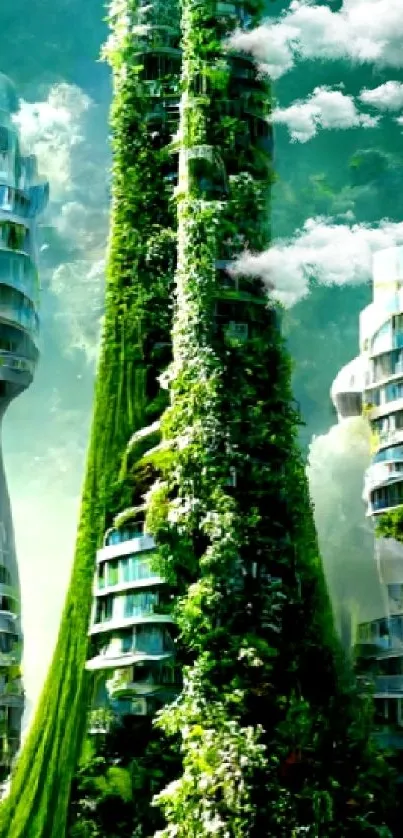 Futuristic cityscape with vertical gardens in lush greenery.