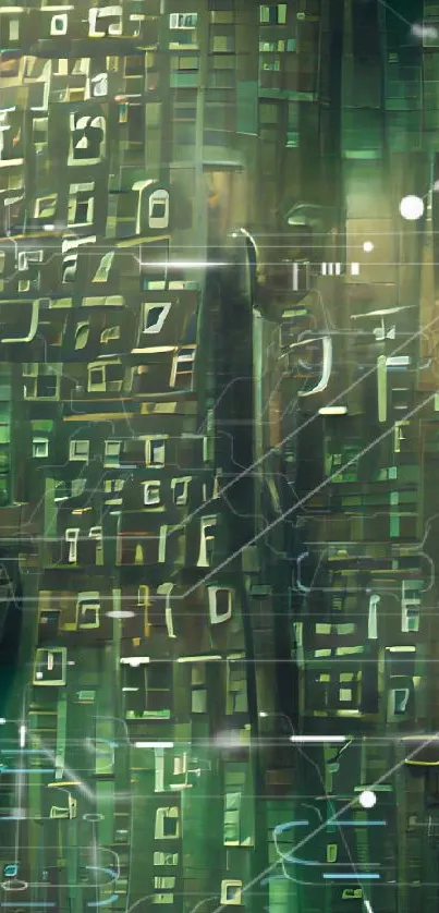 Futuristic green digital matrix with circuit patterns.