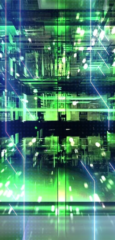 Futuristic green digital wallpaper with abstract matrix-style design.