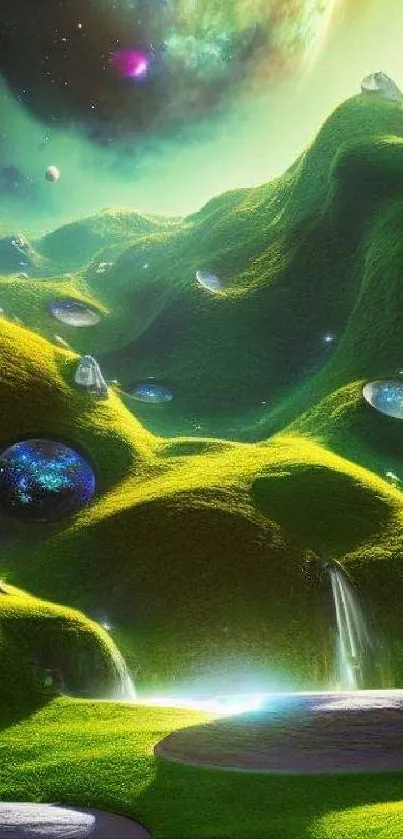 Futuristic landscape with green hills and celestial orbs in a galaxy setting.