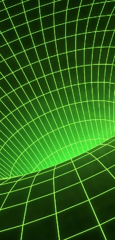 Futuristic green grid wallpaper with a neon vortex and glowing lines.