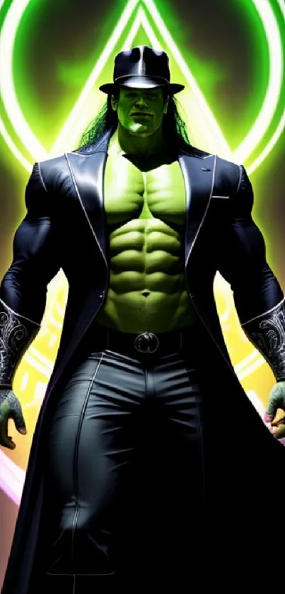 Futuristic superhero with green hue and neon highlights against a dynamic backdrop.