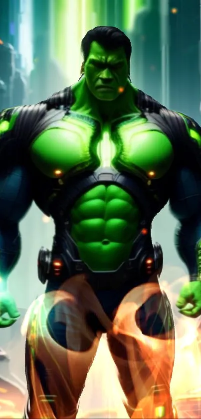 Powerful green superhero in futuristic setting.