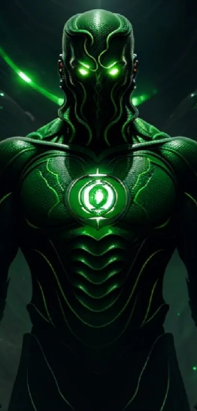 Futuristic warrior in glowing green armor with neon details for mobile wallpaper.