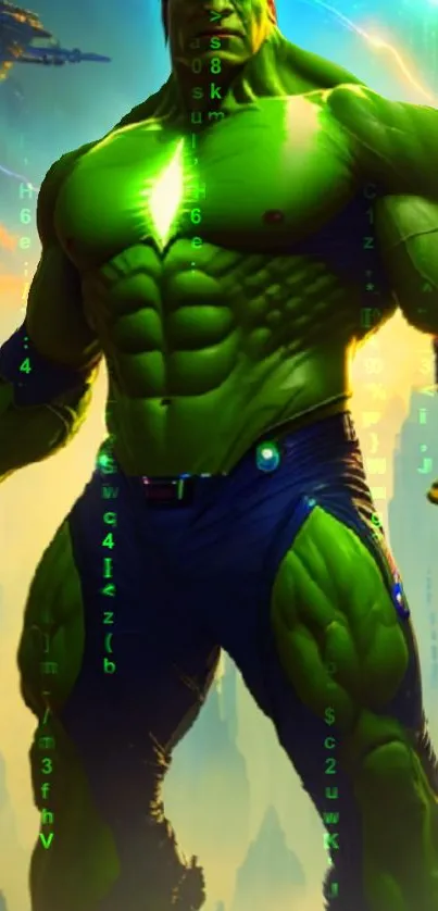 Green superhero standing strong in a futuristic setting with digital effects.