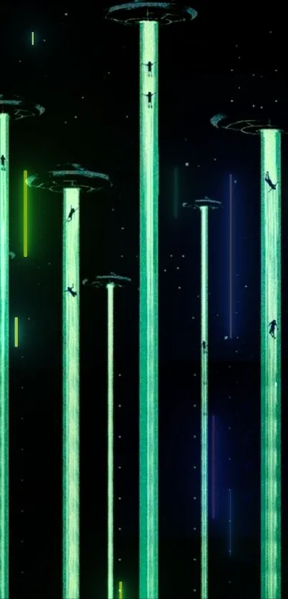 Futuristic tower design with green light beams.