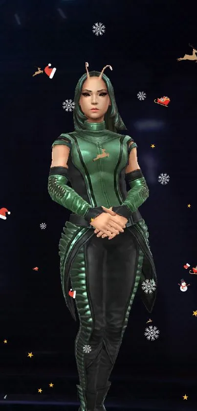 Character in a futuristic green outfit on a dark space-themed background.