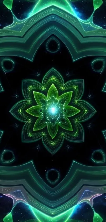 Mesmerizing green kaleidoscopic pattern wallpaper for mobile devices.