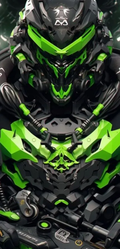 Mobile wallpaper with futuristic green robot design and intricate details.