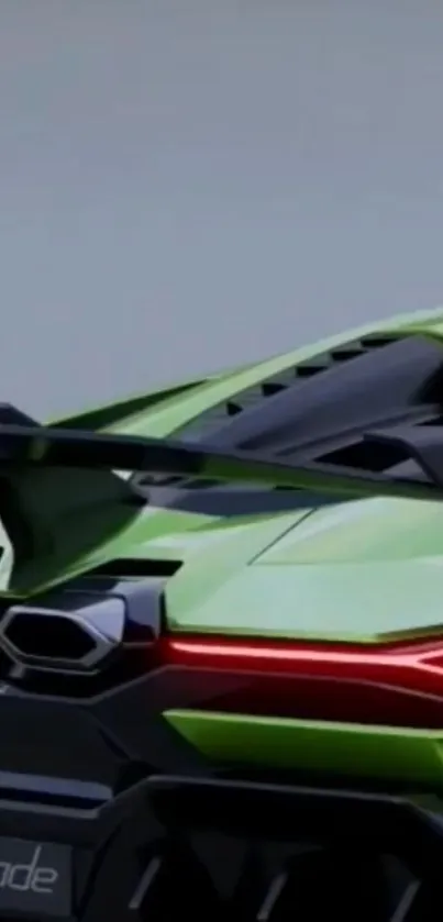 Futuristic green sports car with sleek lines and red accents.